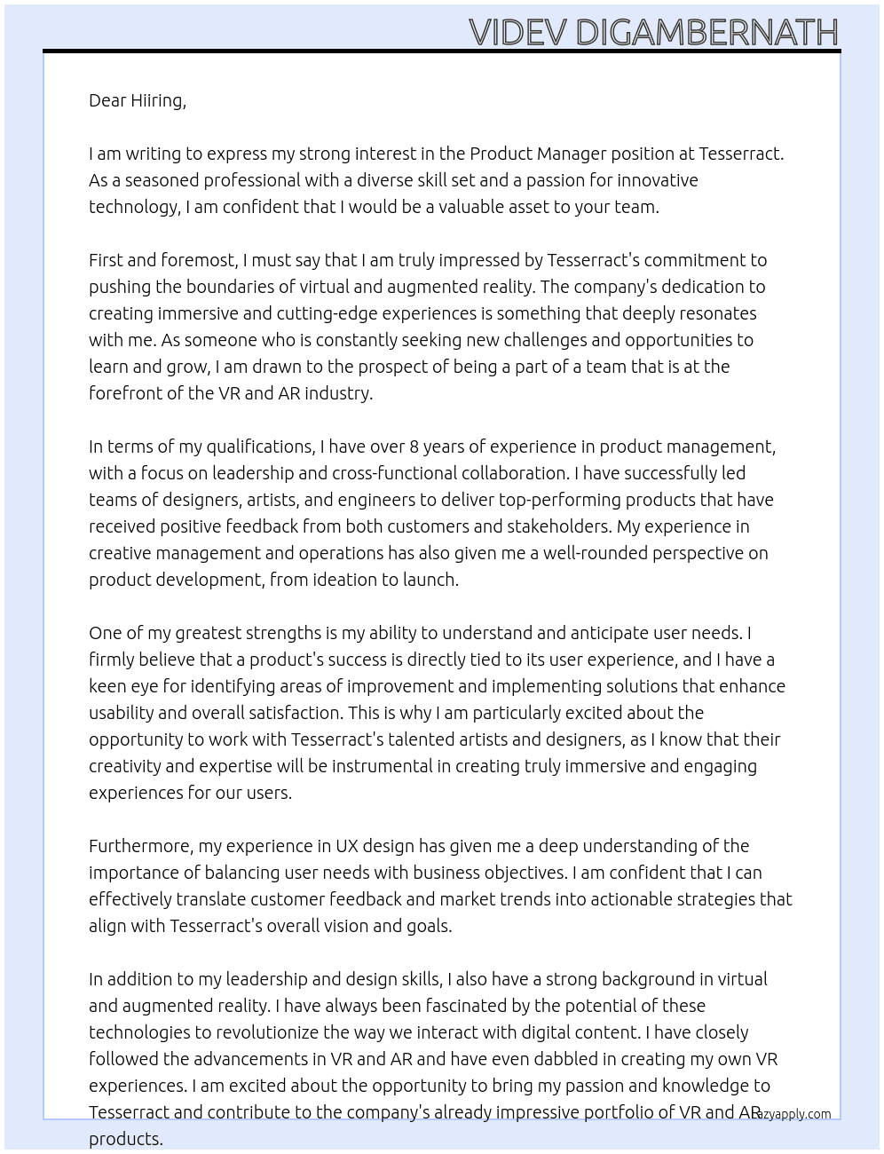 Product Manager At Tesserract Cover Letter