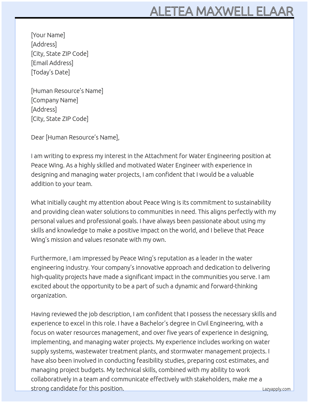ATTACHMENT  FOR WATER ENGINEERING At PEACE WING Cover Letter