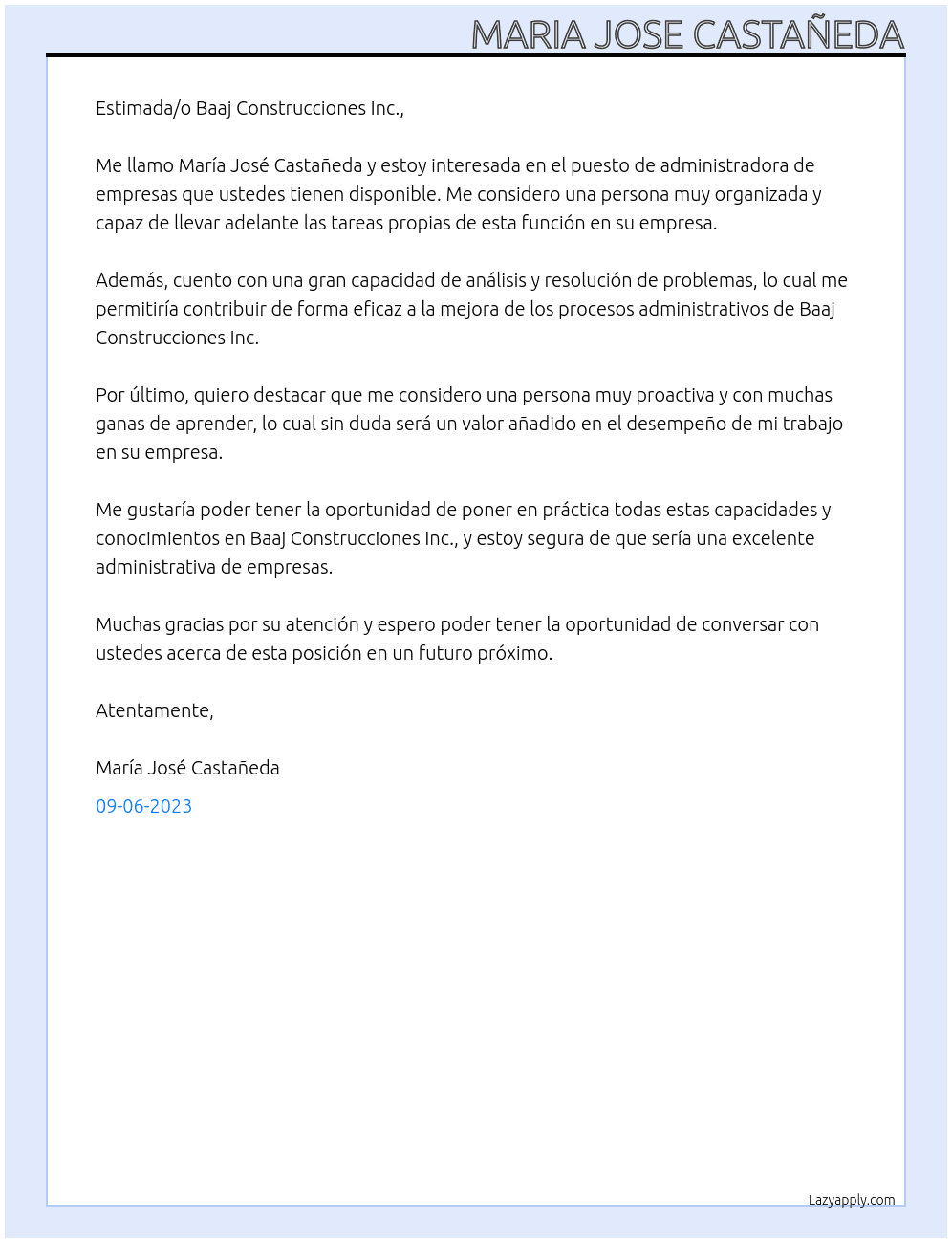 Administradora de empresas At Baaj Construcciones Inc. Cover Letter