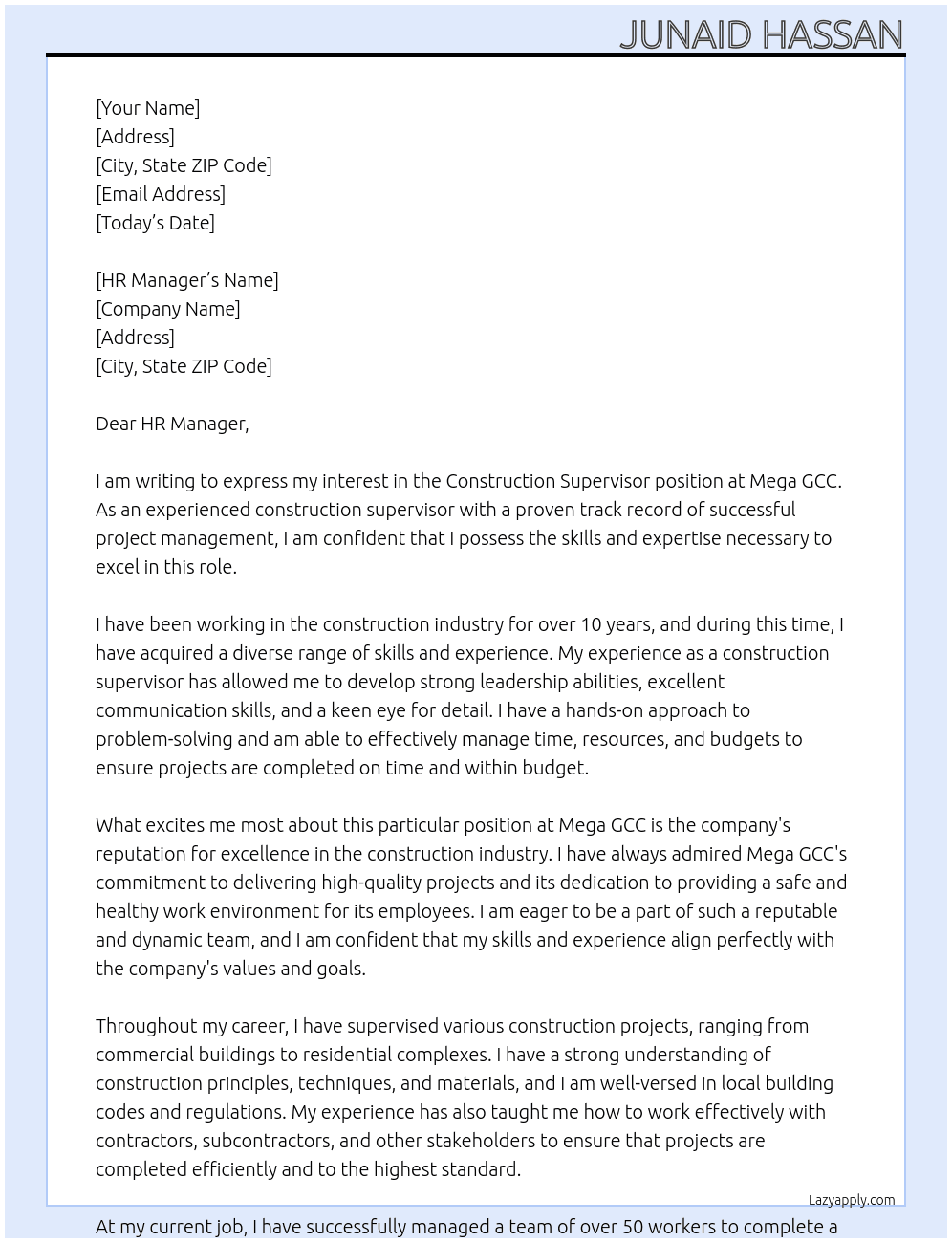 Construction Supervisor At Mega GCC Cover Letter