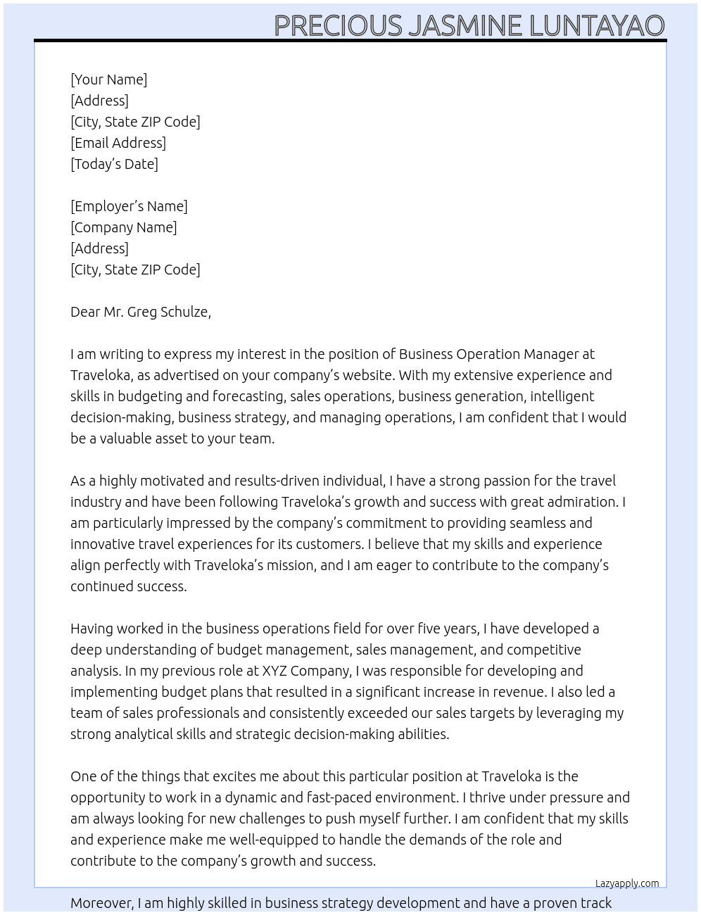 Business Operation Manager At Traveloka Cover Letter