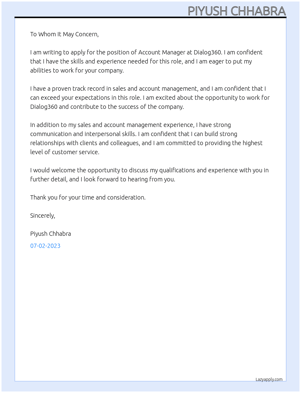 Account Manager At dialog360 Cover Letter