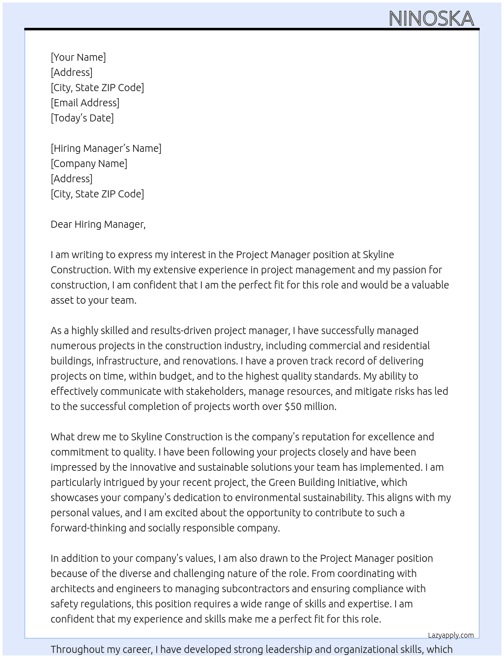 Project Manager At Skyline Construction  Cover Letter