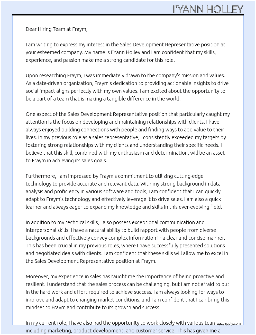 Sales Development Representative At Fraym Cover Letter