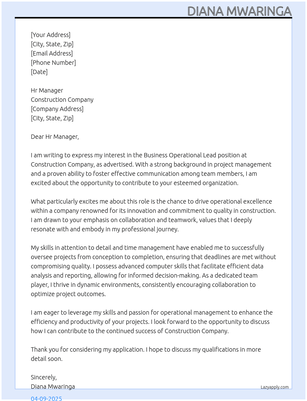 Cover letter for business operational lead - LazyApply