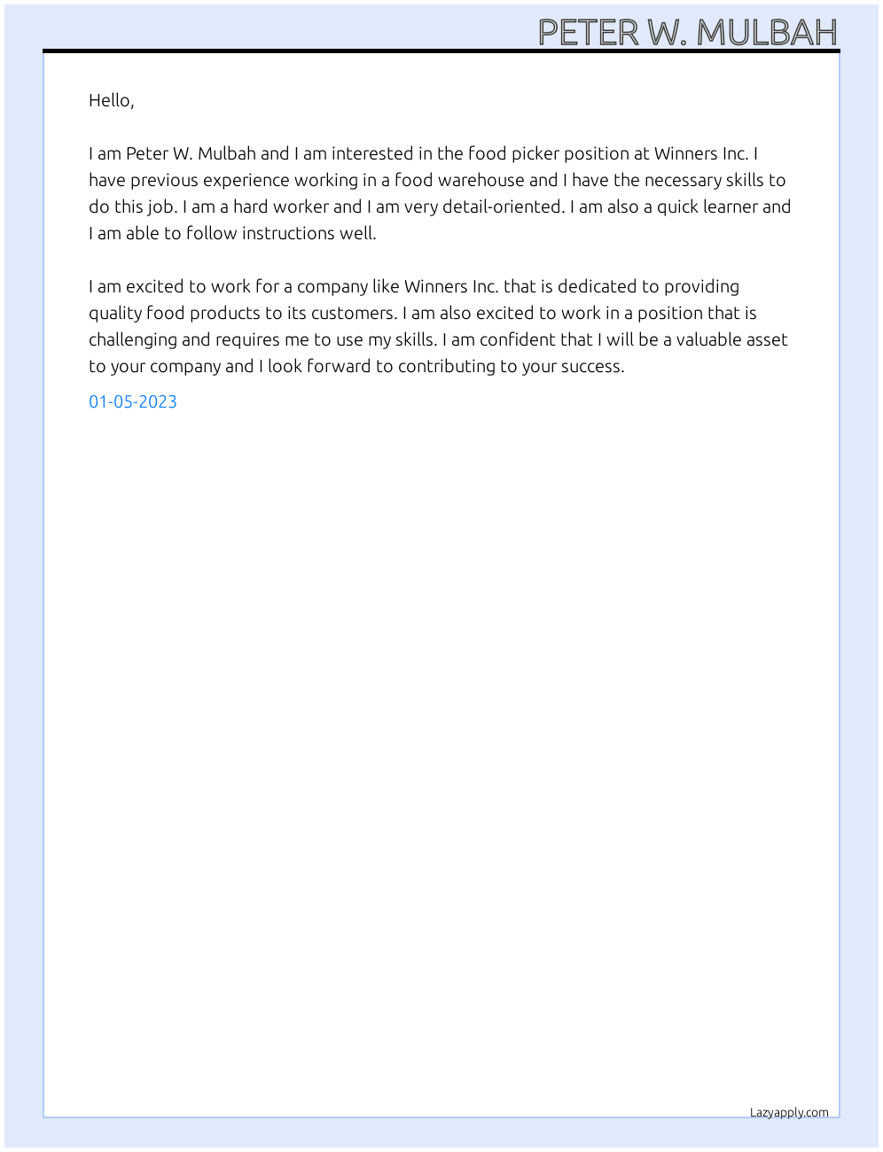 Food picker At Winners Inc  Cover Letter