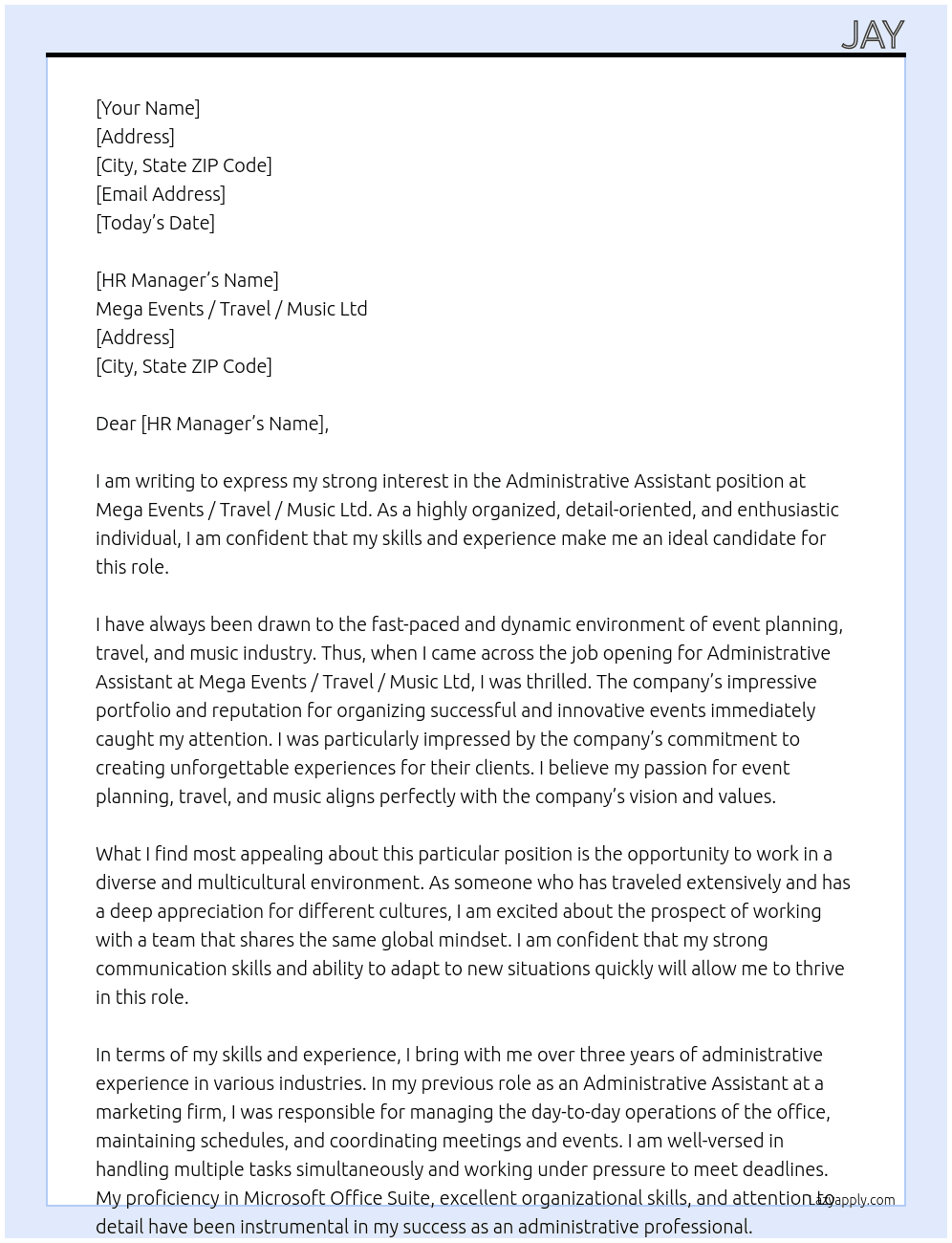 Administrative Assistant At Mega Events / Travel / Music Ltd Cover Letter