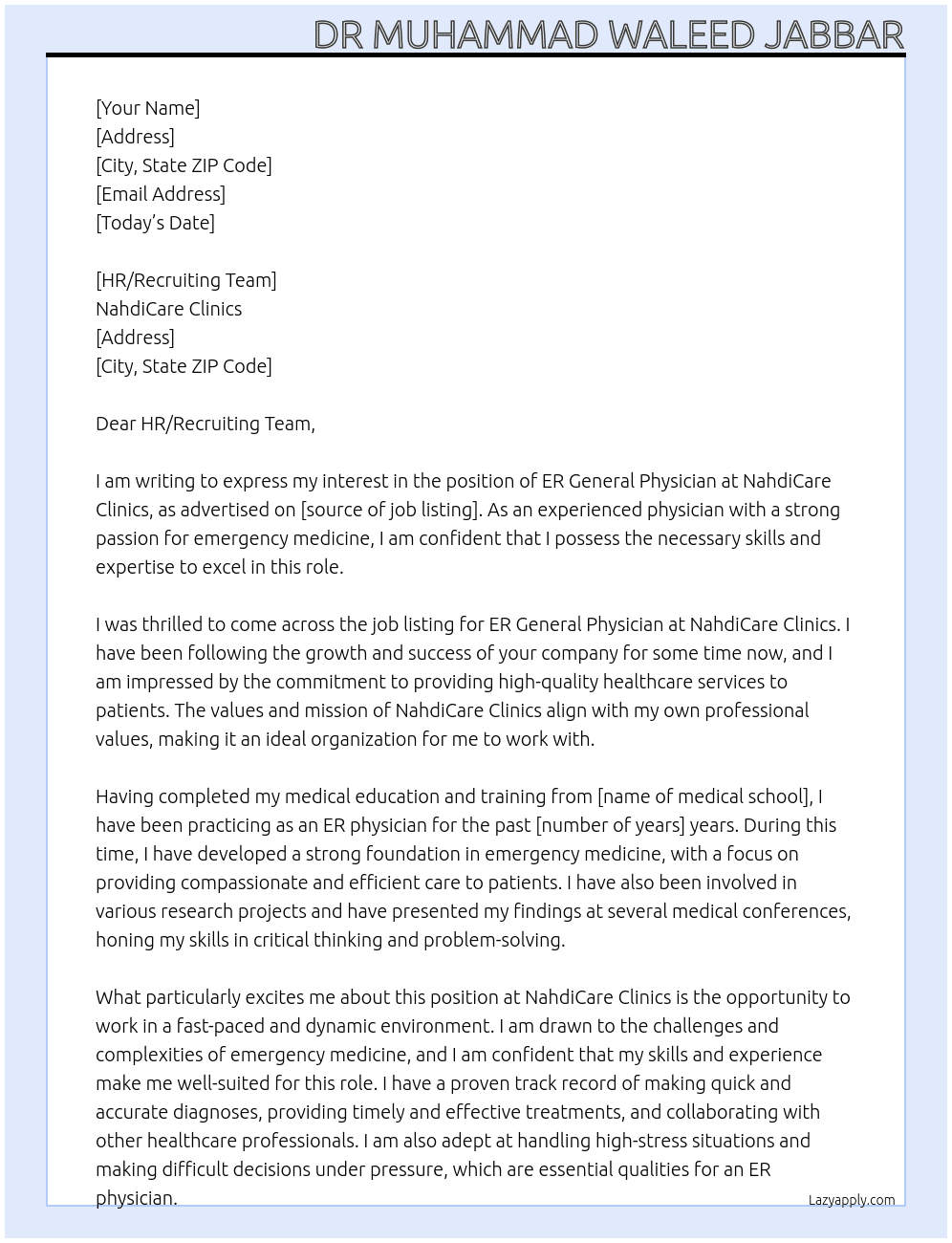 ER General Physician  At NahdiCare Clinics Cover Letter