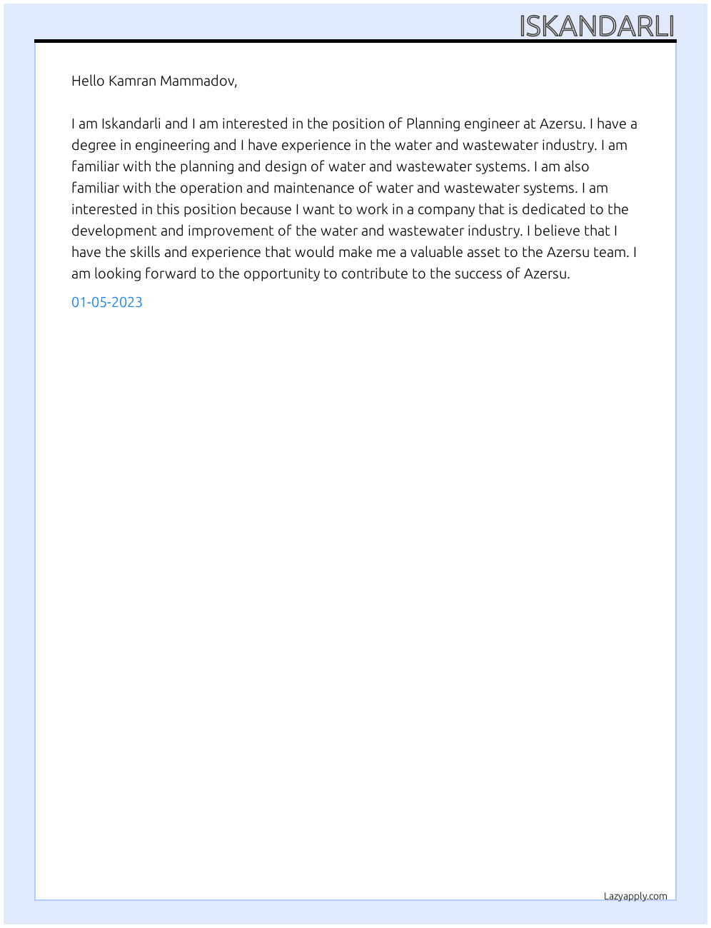 Planning engineer At Azersu  Cover Letter