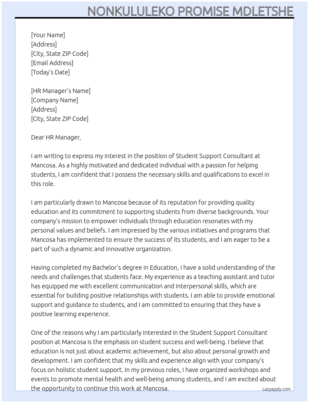 Student support consultant  At Mancosa Cover Letter