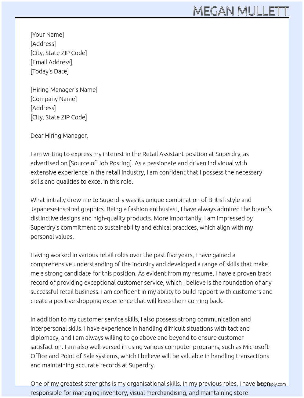 Retail Assistant  At Superdry  Cover Letter