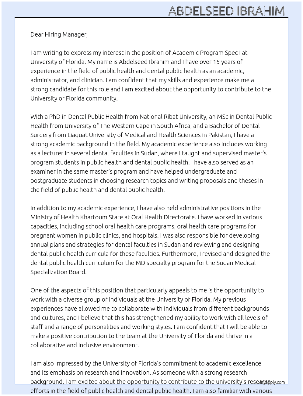 Academic Program Spec I At University of Florida  Cover Letter