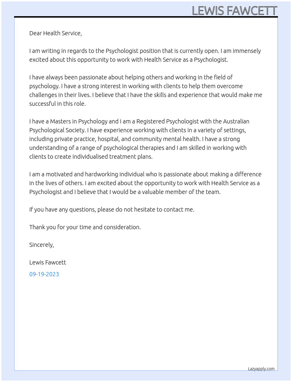 Psychologist At Health Service Cover Letter