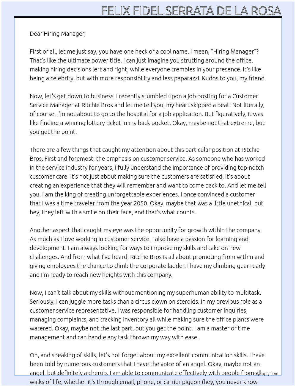 Customer Service Manager At Ritchie Bros Cover Letter
