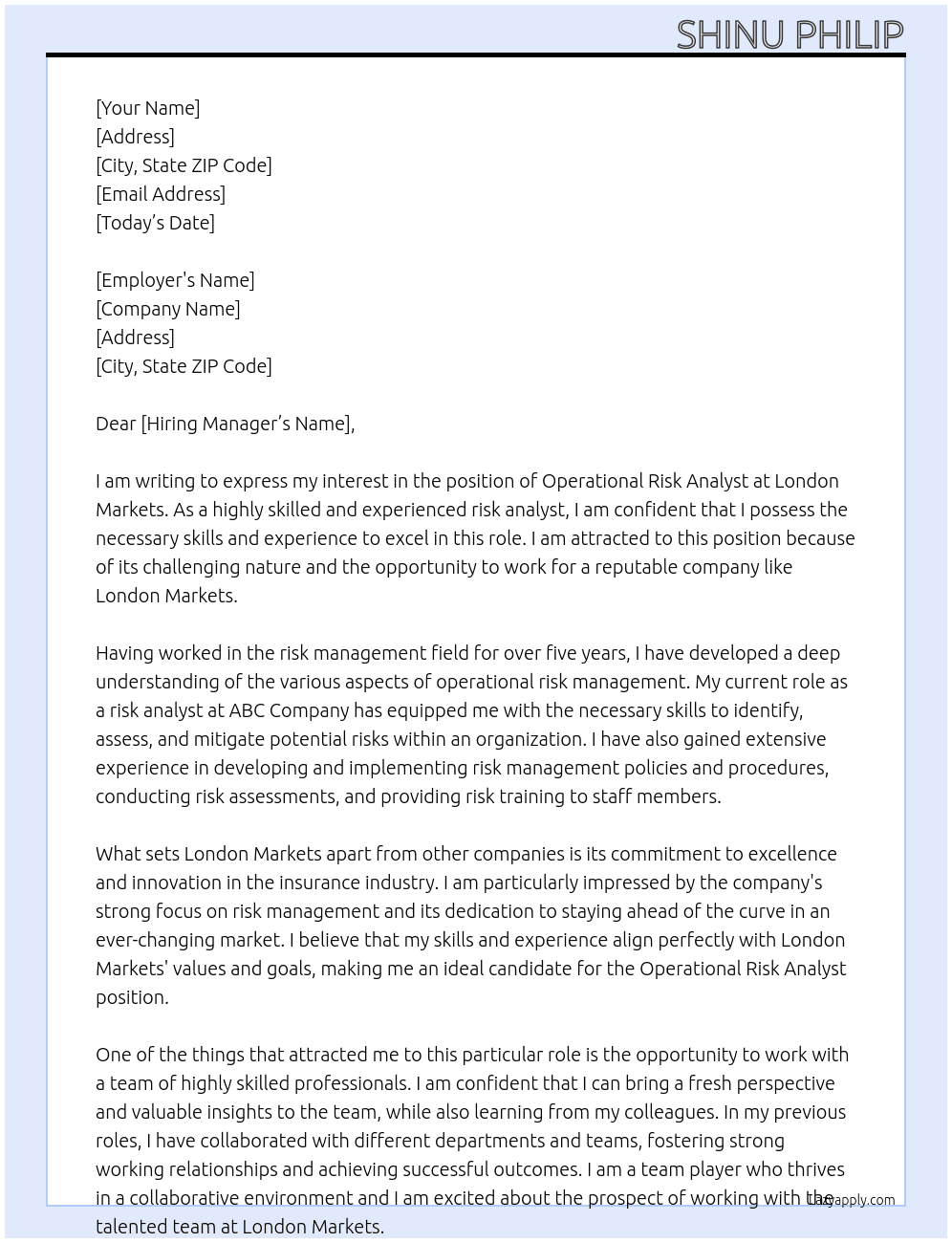 Operational Risk Analyst At London markets Cover Letter