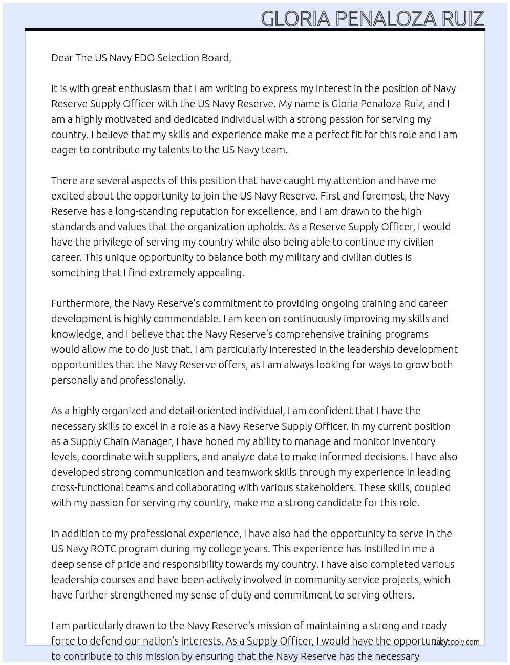 Navy Reserve Supply Officer At US Navy Reserve Cover Letter