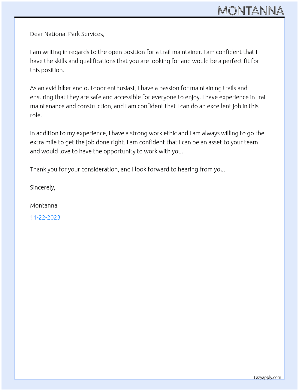 trail maintainer At USDA jobs  Cover Letter