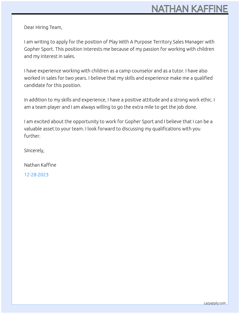 Play With A Purpose Territory Sales Manager At Gopher Sport Cover Letter