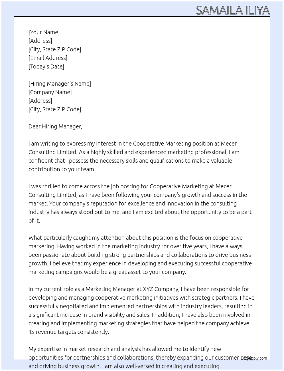 Cooperative Marketing At Mecer Consulting Limited Cover Letter