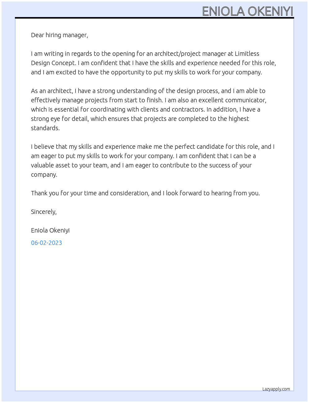 architect/project manager At Limitless Design Concept Cover Letter