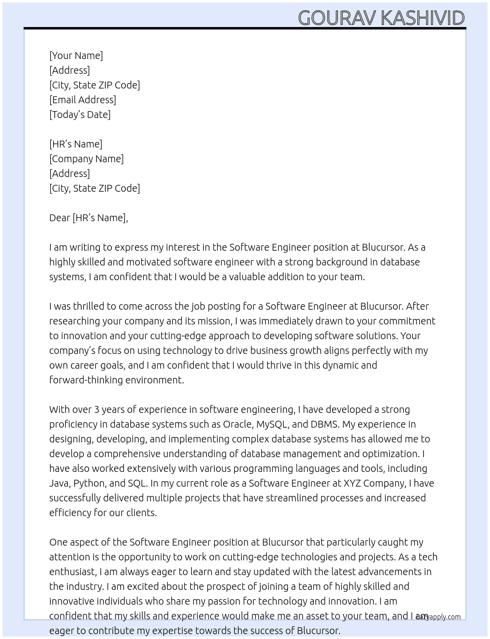 Software Engineer  At blucursor Cover Letter