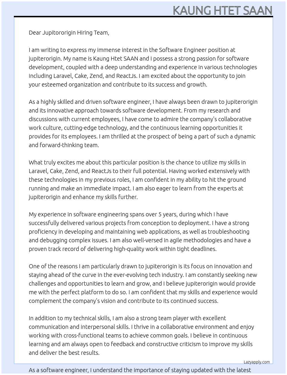 software engineer At jupiterorigin Cover Letter