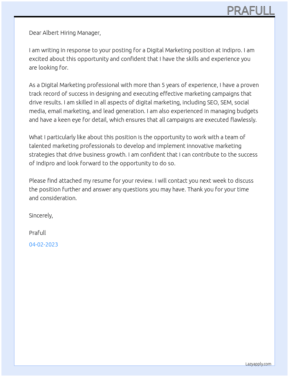 Digital Marketing At Indipro Cover Letter