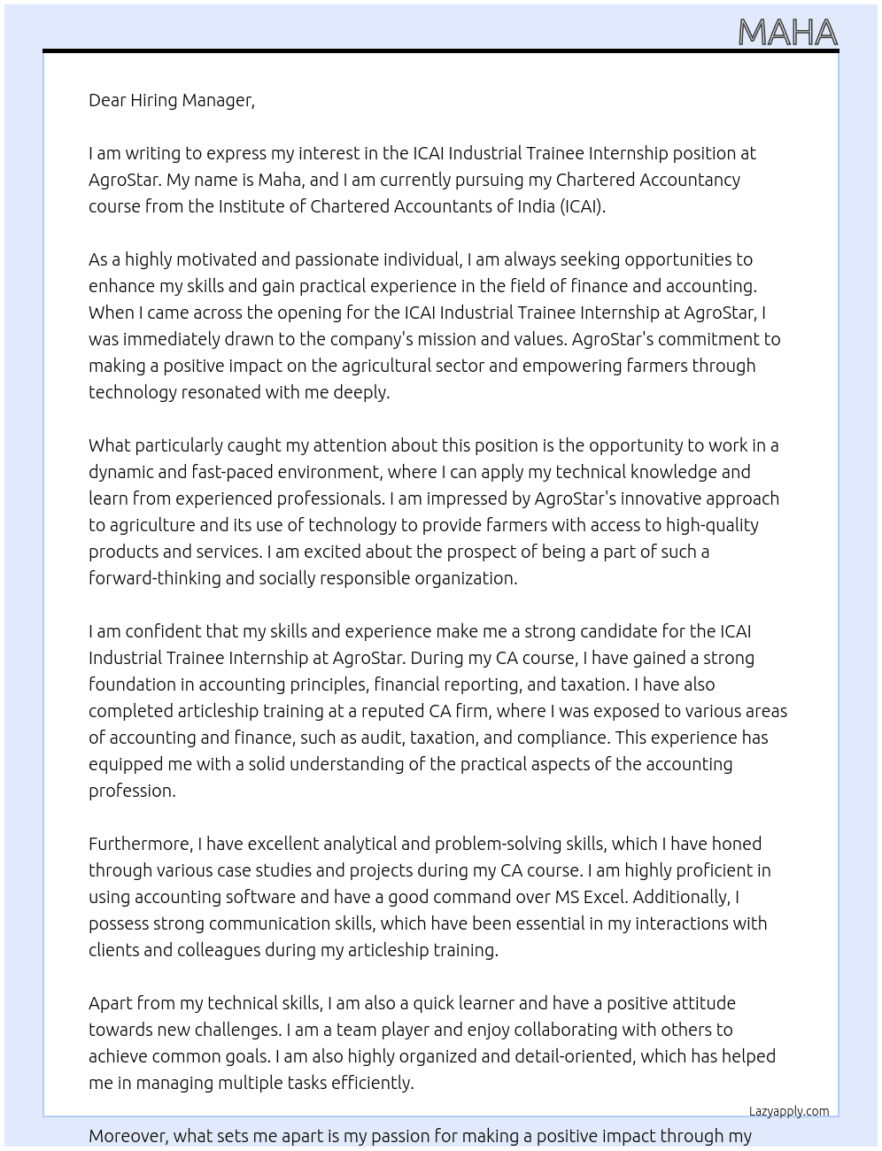 ICAI Industrial Trainee Internship At AgroStar Cover Letter