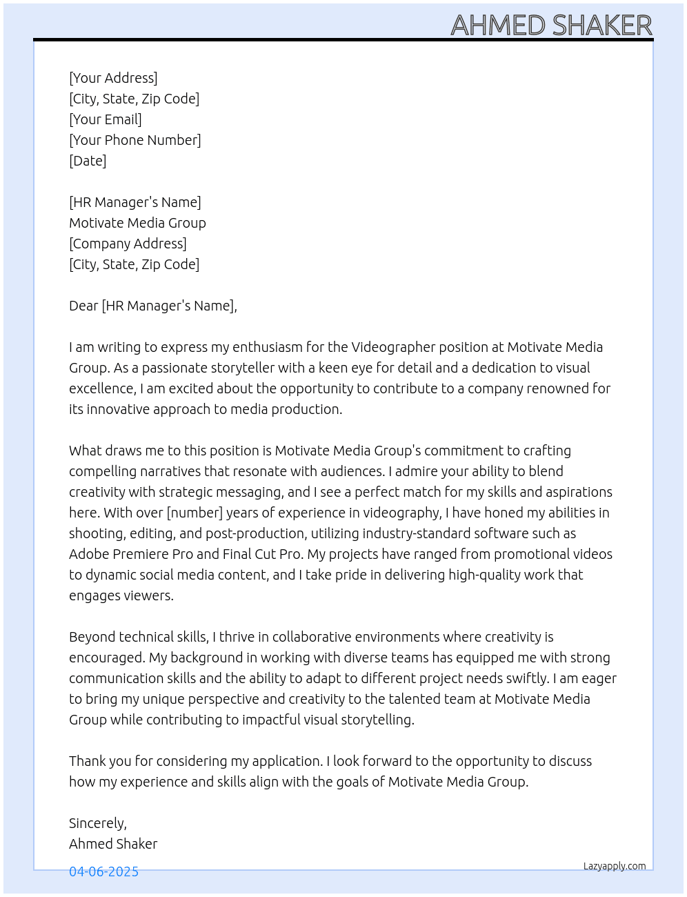 Cover letter for videographers - LazyApply