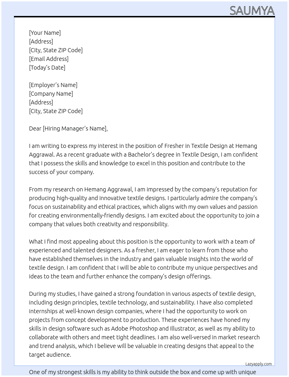 Fresher in textile Design At Hemang Aggrawal Cover Letter