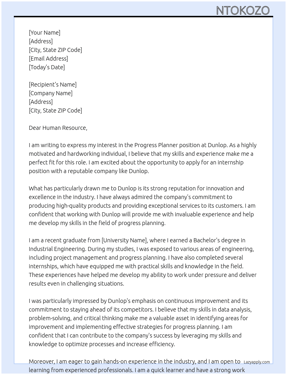 Progress planner  At Dunlop Cover Letter