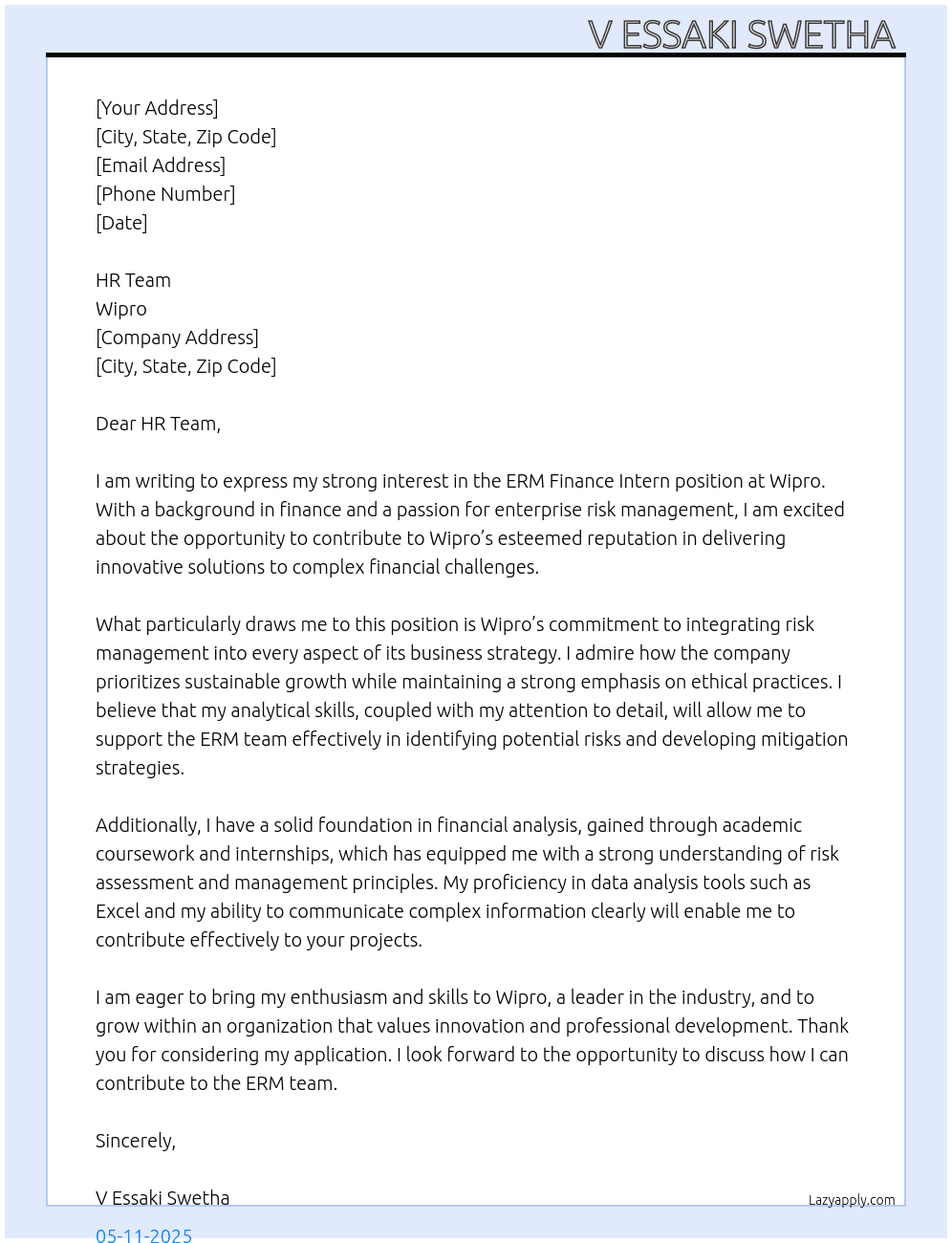 Cover letter for erm finance intern - LazyApply