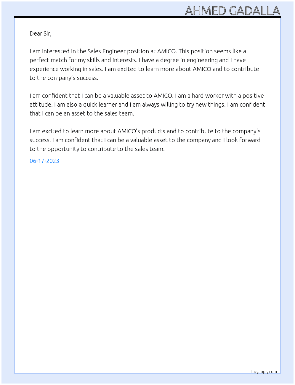 Sales Engineer At AMICO Cover Letter