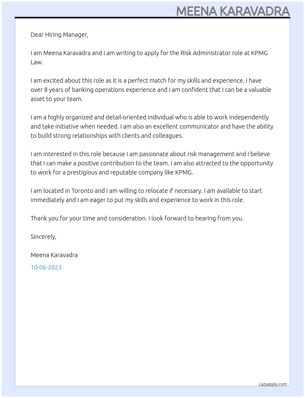 Risk Administrator At KPMG law Cover Letter