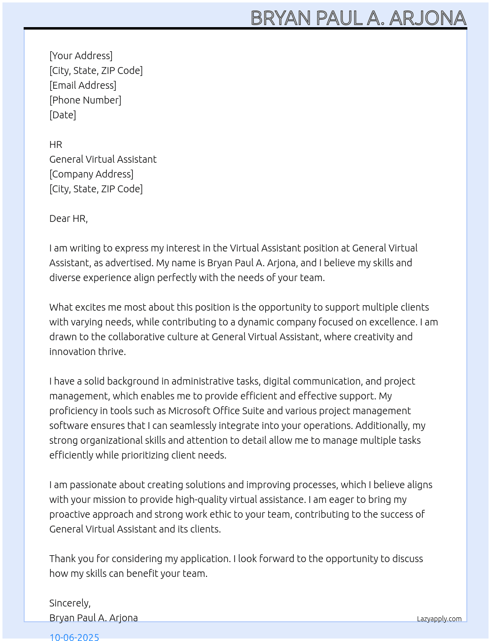 Virtual Assistant  At General Virtual Assistant  Cover Letter