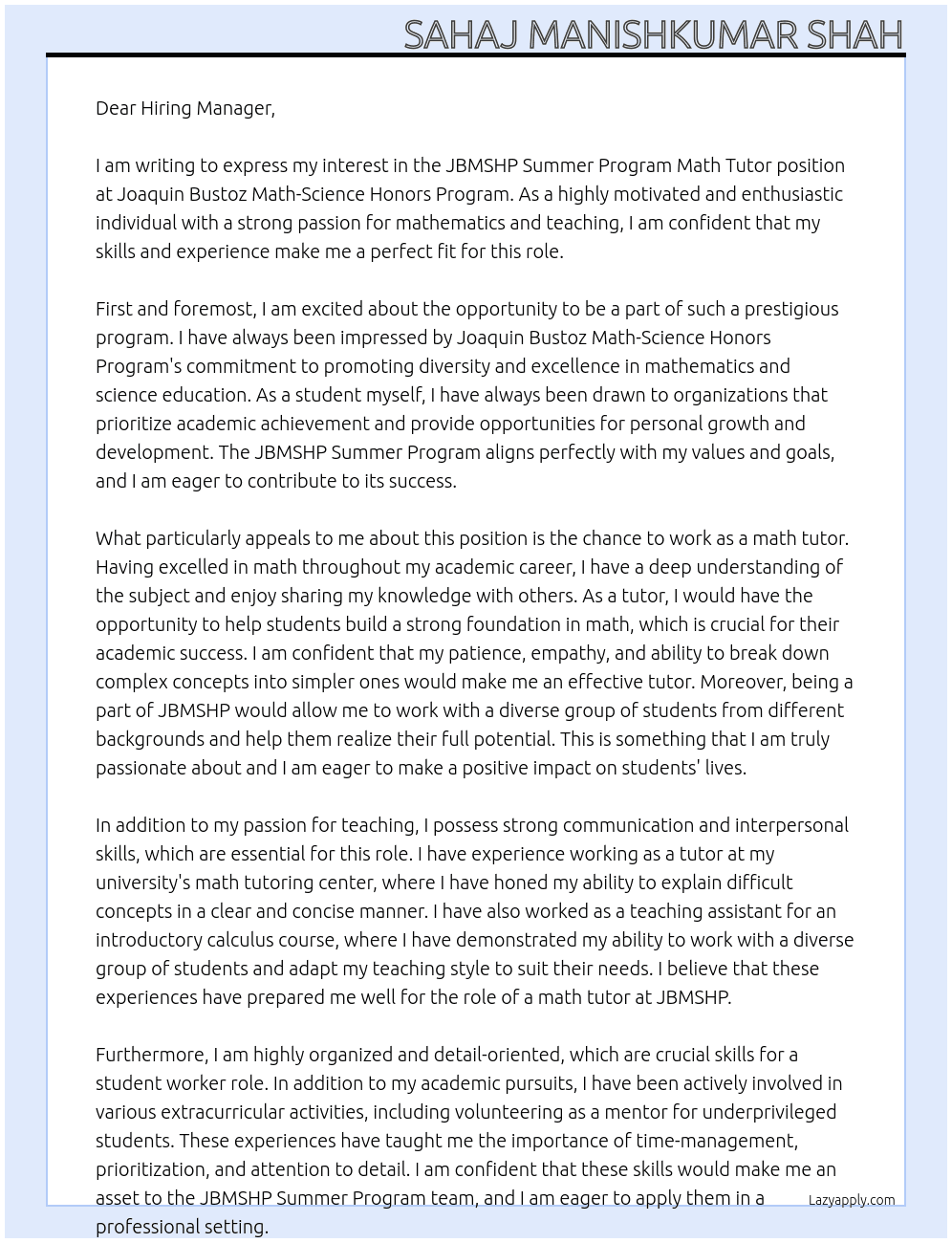 JBMSHP Summer Program Math Tutor At Joaquin Bustoz Math-Science Honors Program Cover Letter