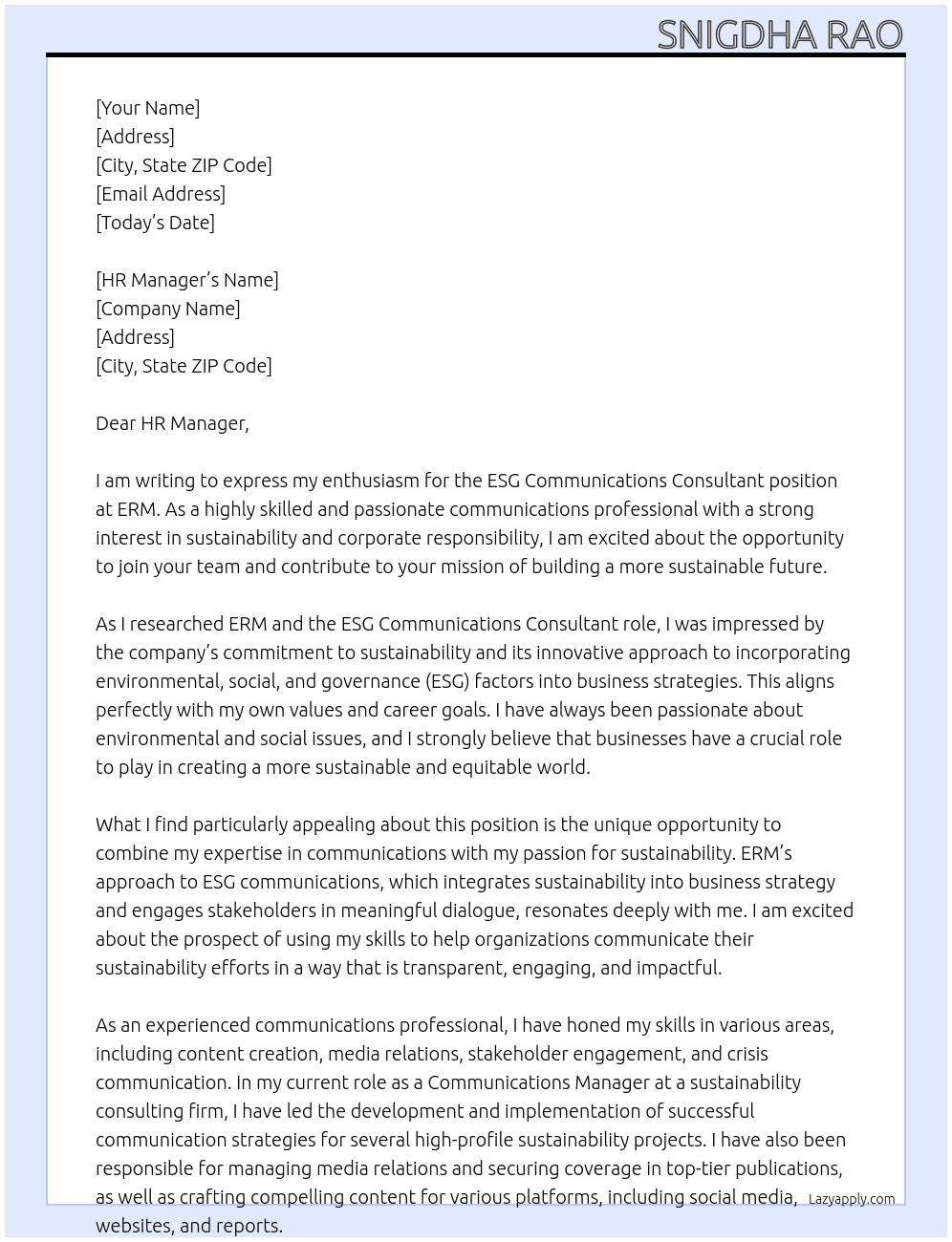ESG Communications Consultant At ERM Cover Letter