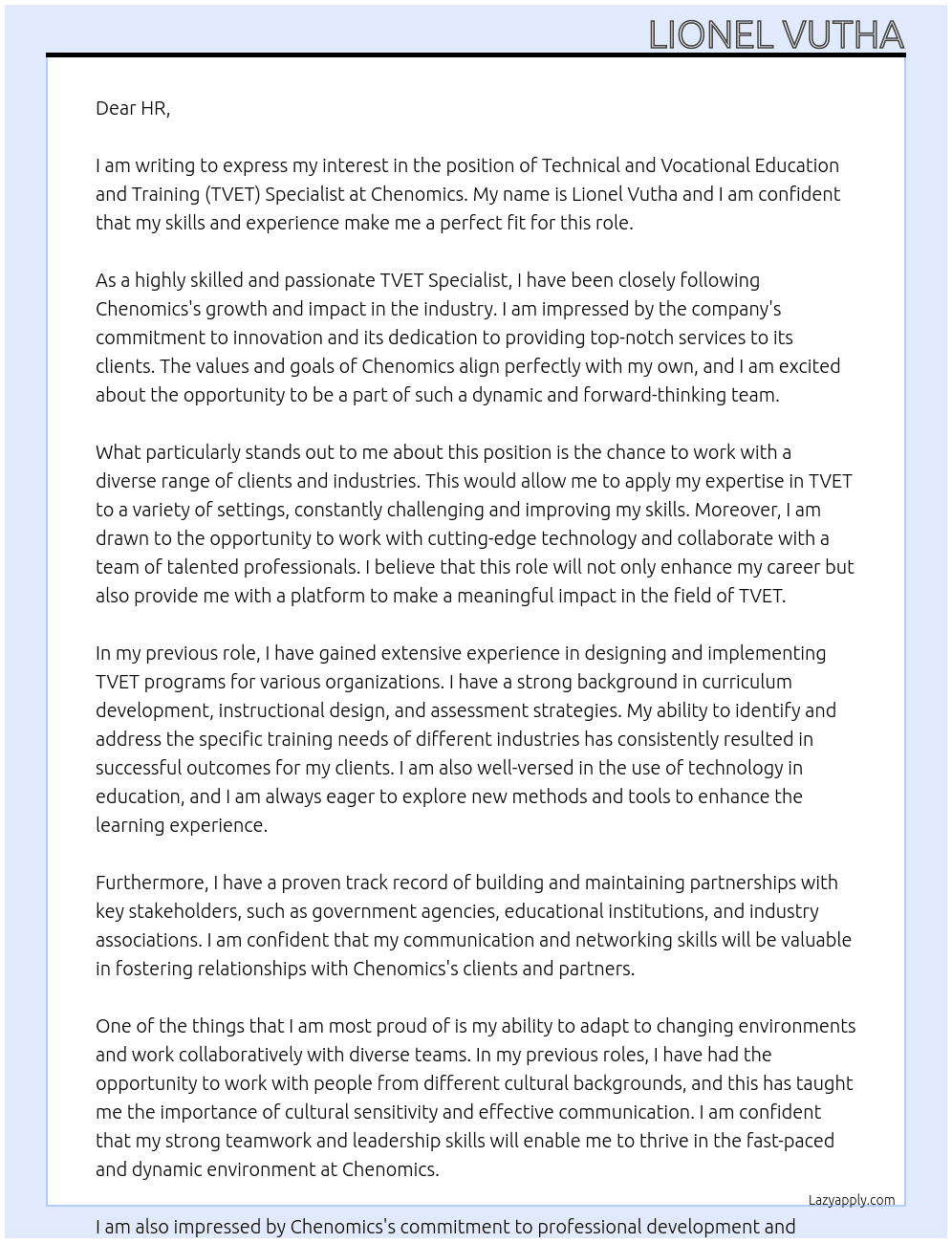 Technical and Vocational Education and Training (TVET) Specialist At Chenomics Cover Letter