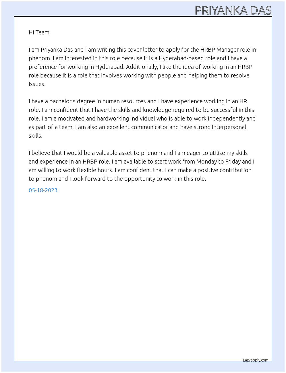 HRBP At phenom Cover Letter