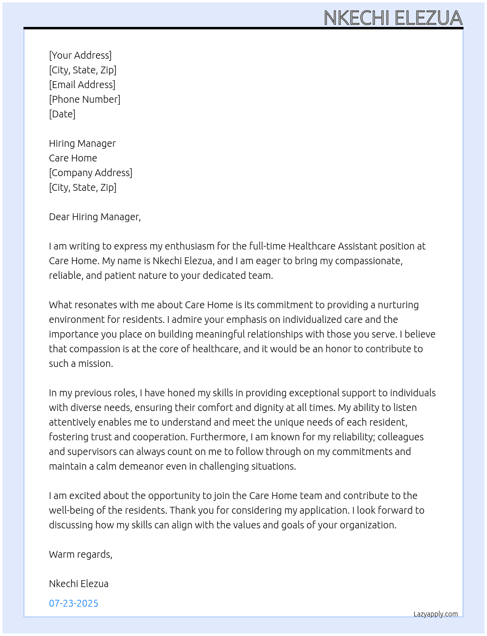 Healthcare Assistnt At care Home Cover Letter