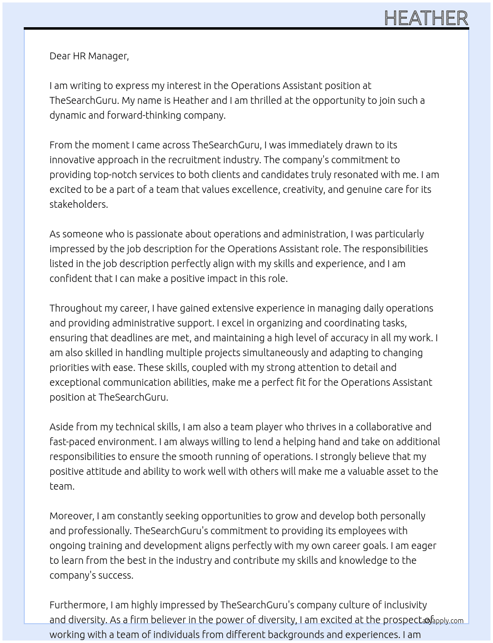 Operations Assistant At TheSearchGuru Cover Letter