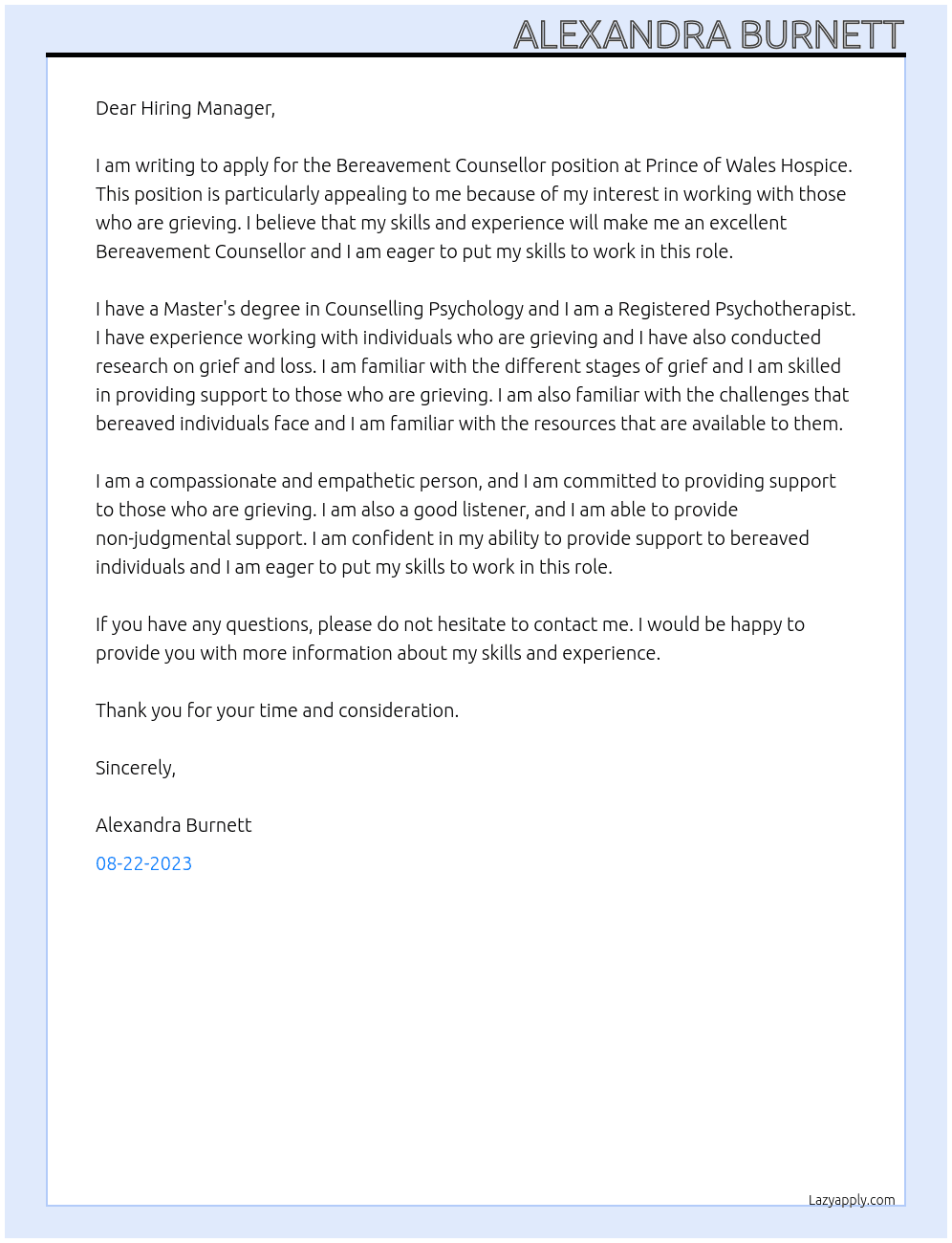 Bereavment Counsellor At Prince of Wales Hospice  Cover Letter