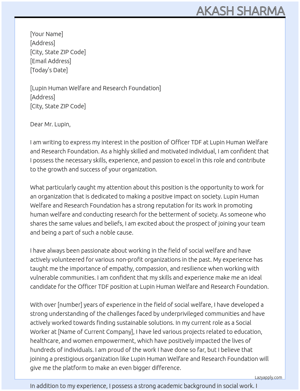 Officer TDF At Lupin human welfare and research foundation  Cover Letter