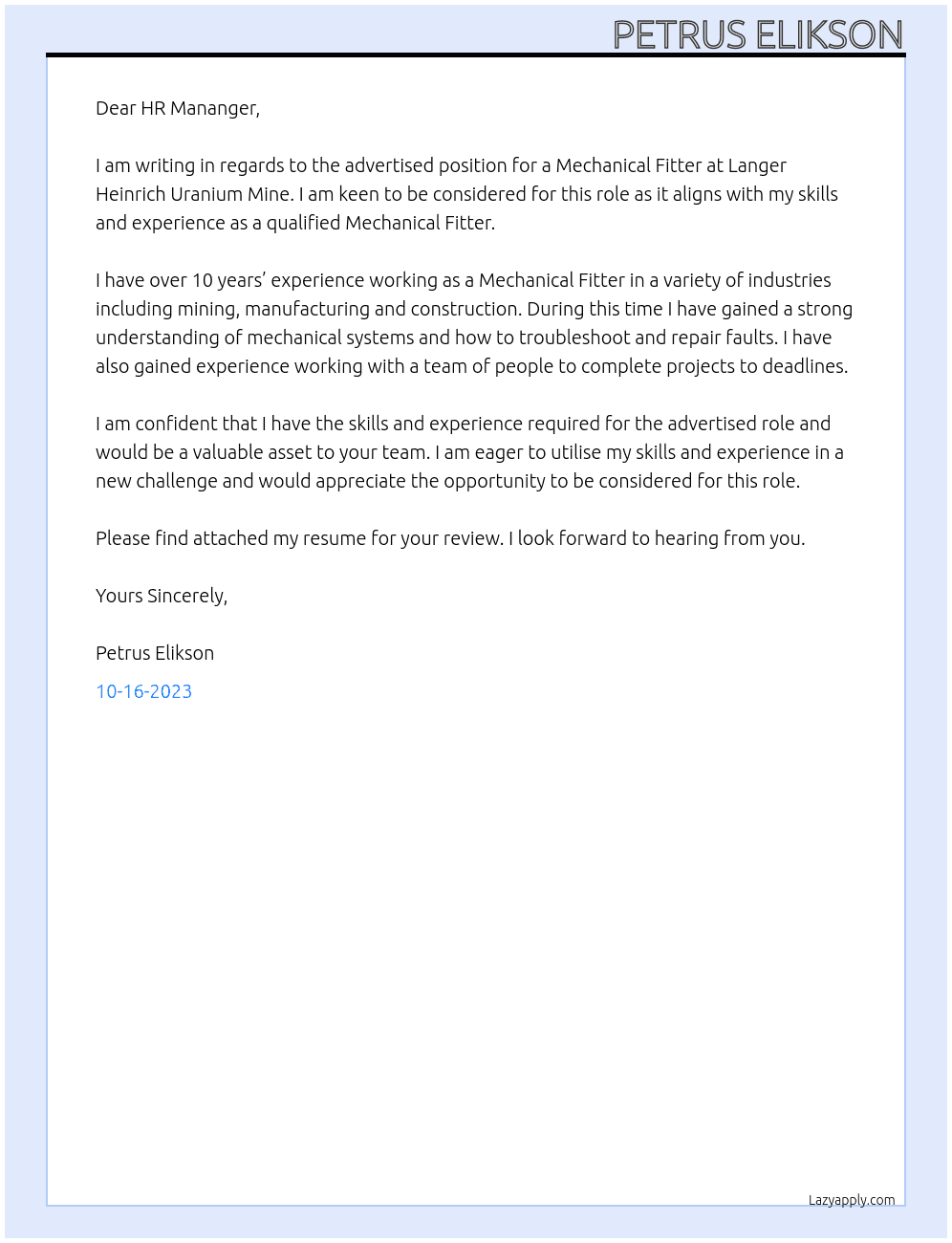 Mechanical fitter At Langer Heinrich Uranium Mine Cover Letter