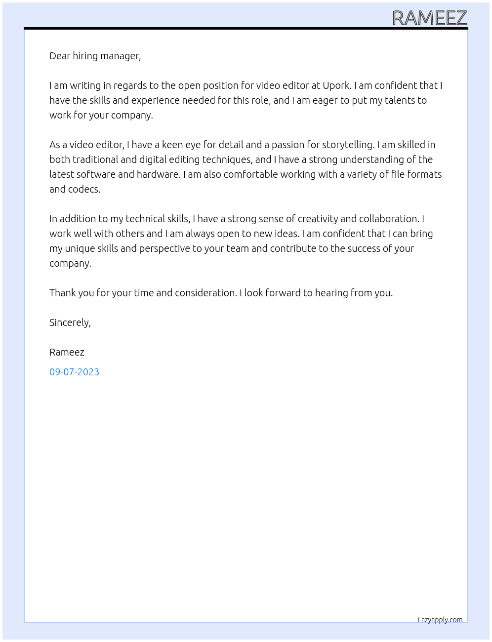 video editor At upork Cover Letter