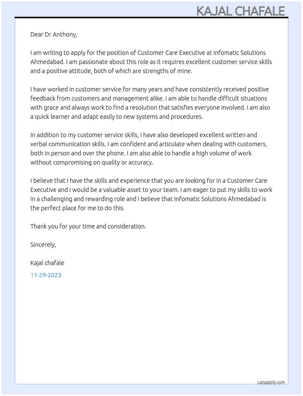 Customer care executive  At Infomatic Solutions Ahmedabad  Cover Letter