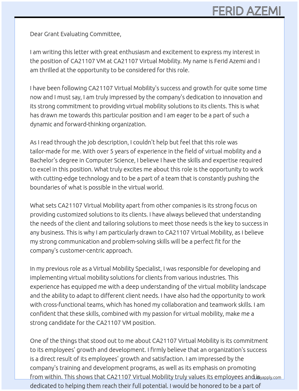 CA21107 VM  At CA21107 Virtual Mobility  Cover Letter