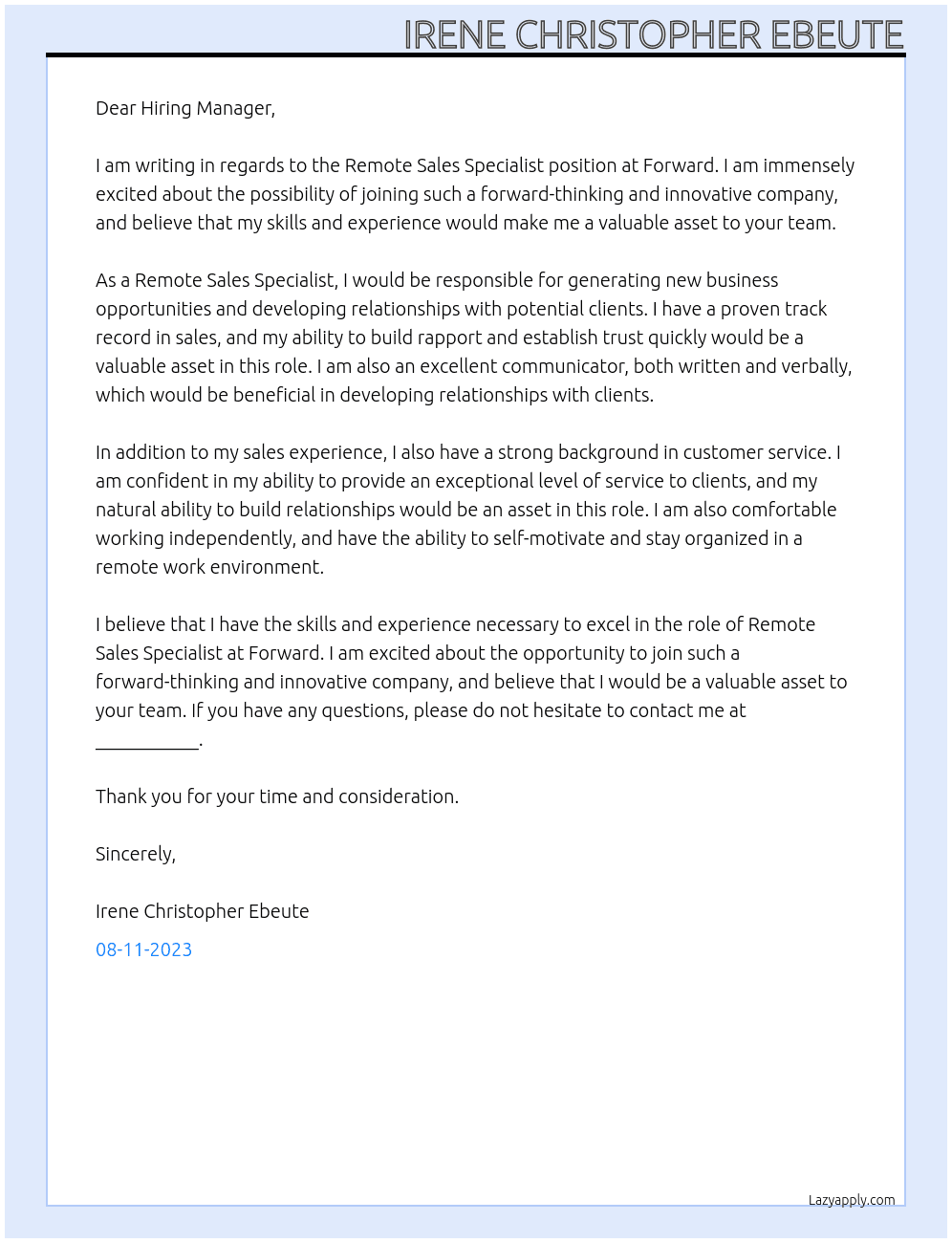 Remote sales Specialist  At Forward Cover Letter
