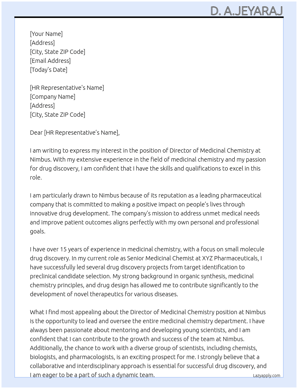 director, medicinal chemistry At Nimbus Cover Letter