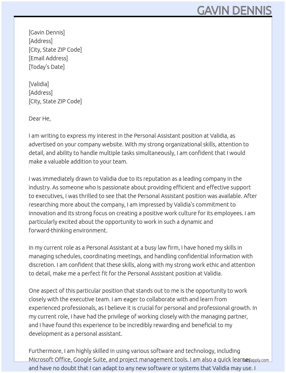 Personal assistant At Validia Cover Letter